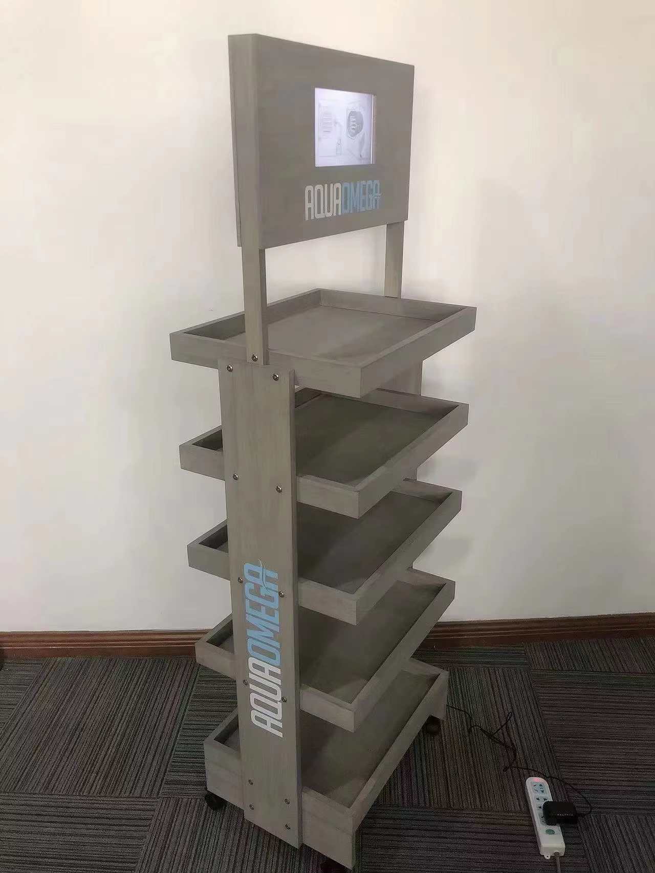 Wooden Timber Shelves Floor Standing Energy Drink Can Display Rack for Stores for Storage and Display factory