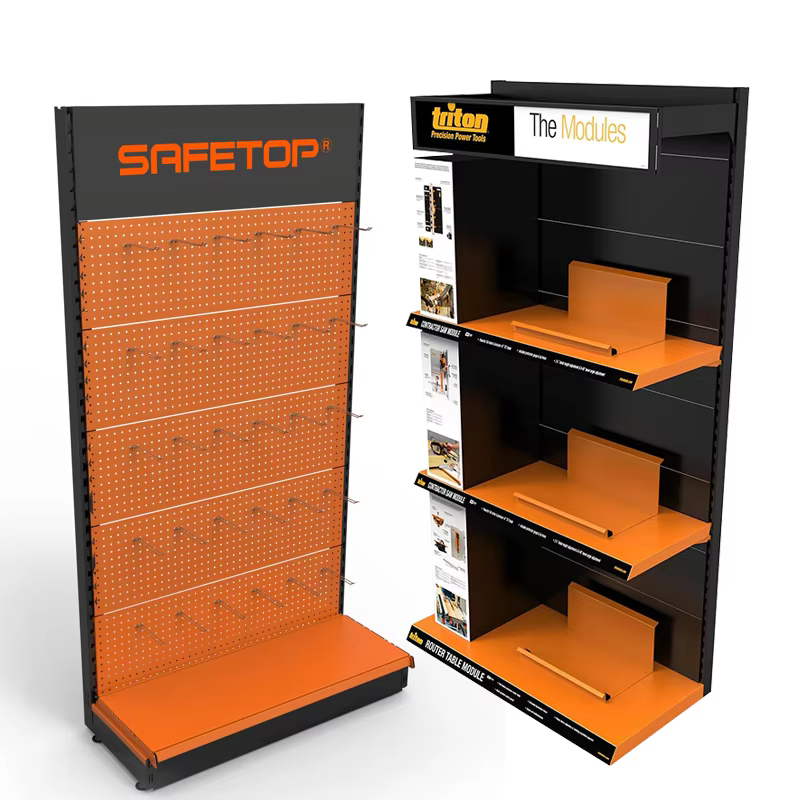 Apache Customized Metal Orifice Plate Decorative Electrical Tool Display Rack for Stores for Supermarket Shelves factory