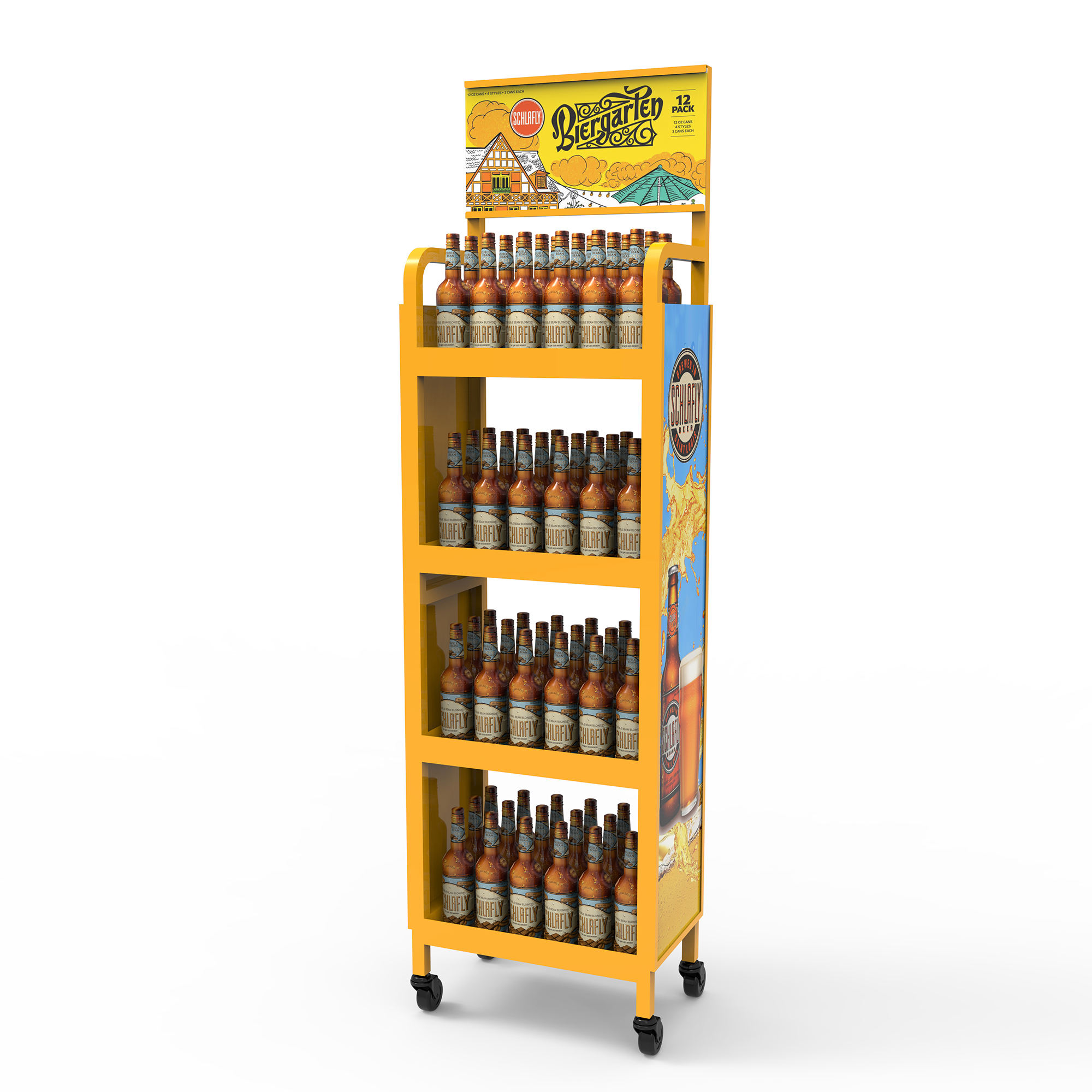 Exhibidor con panel de logotipo Apache, bandeja metálica intercambiable para cerveza ligera con ruedas