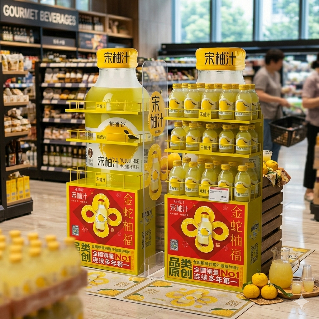 Scaffale espositivo personalizzato in PVC Apache per bevande, ideale per le promozioni di succhi nei supermercati, negozi di liquori e corsie dedicate alle bevande nei minimarket