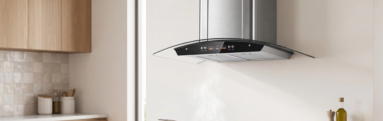 Custom Curved Glass Range Hood with Multiple Styles, High Suction Space-Saving Wall Mount Cooker Hood, OEM/ODM Kitchen Exhaust Fan details