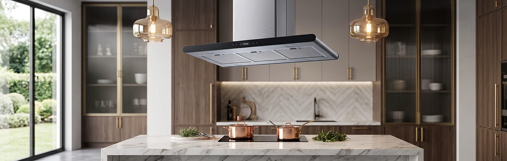Custom Island Range Hood with Multiple Styles, High Suction Space-Saving Ceiling Mount & Floating Cooker Hood, OEM/ODM Kitchen Exhaust Fan supplier