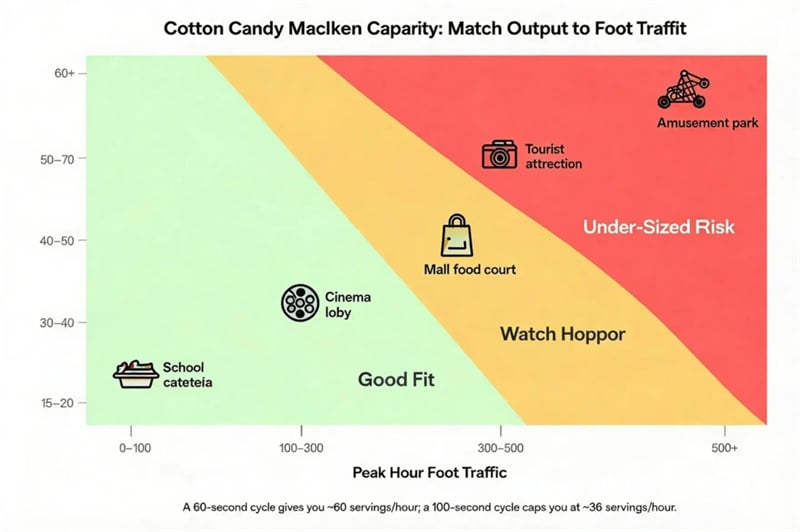 Match cycle time and hopper capacity to expected foot traffic to avoid lost sales.