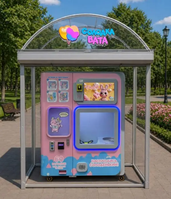 Cotton candy vending machine with a transparent shelter and an acrylic light box on top.webp