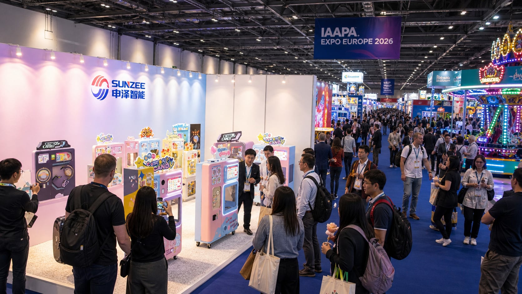 Live exhibition floor at IAAPA Expo Europe 2026 showing SUNZEE vending machines and visitor demonstrations