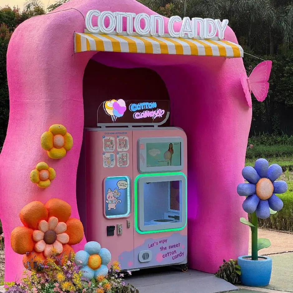 The matching flower-themed background for the cotton candy vending machine in the theme park.webp