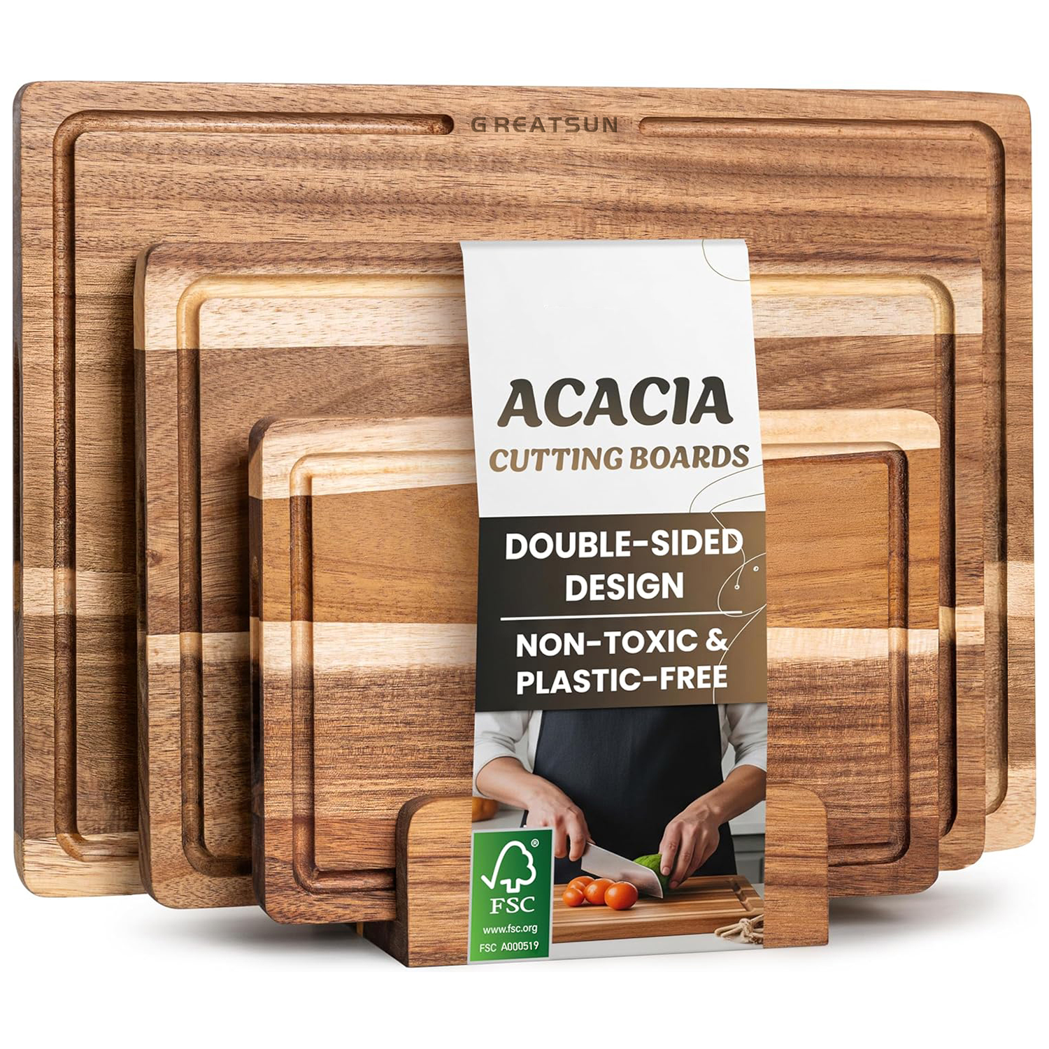 Heavy Duty Reversible Kitchen Charcuterie Serving Board Set With Holder Stand and Deep Juice Groove