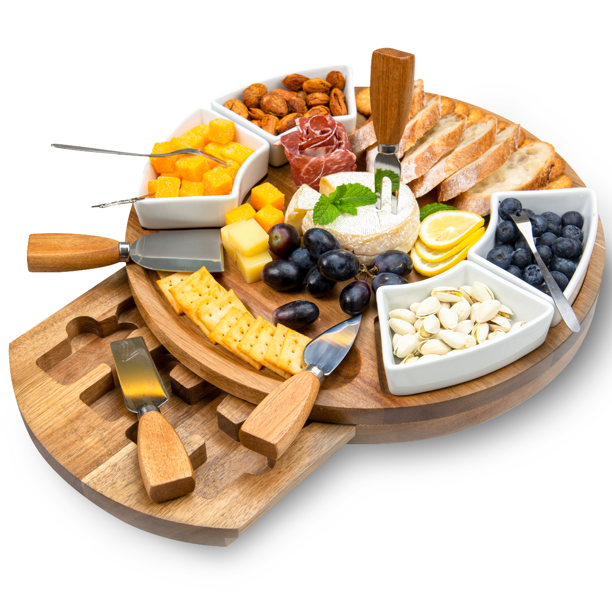 Premium Acacia Wood Charcuterie Board Set with Ceramic Bowls & Cheese Tools