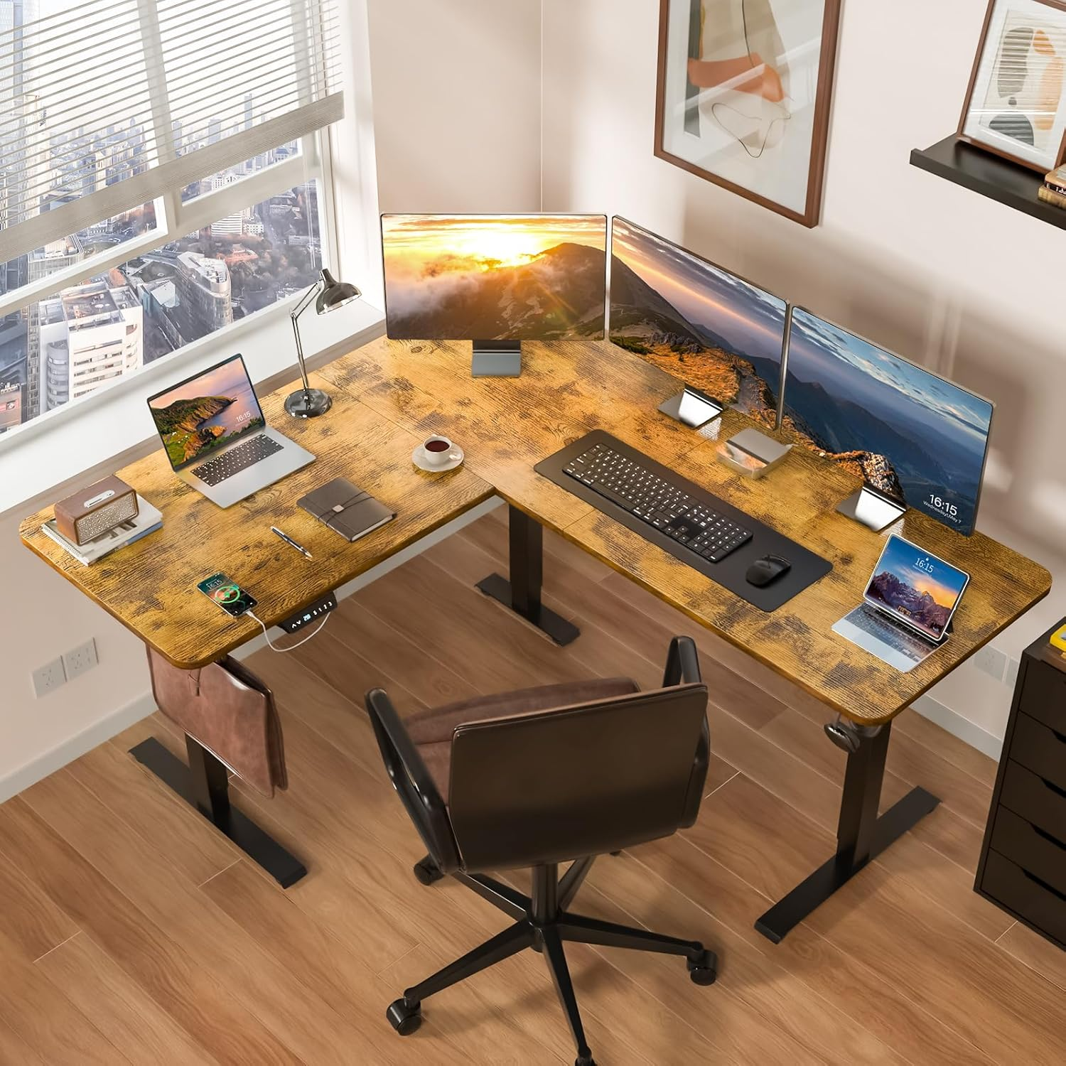 ET1-L Tri Motor Ergonomic L-Shaped Standing Desk Gamer Computer Corner Table Electric Height Adjustable Office Desk