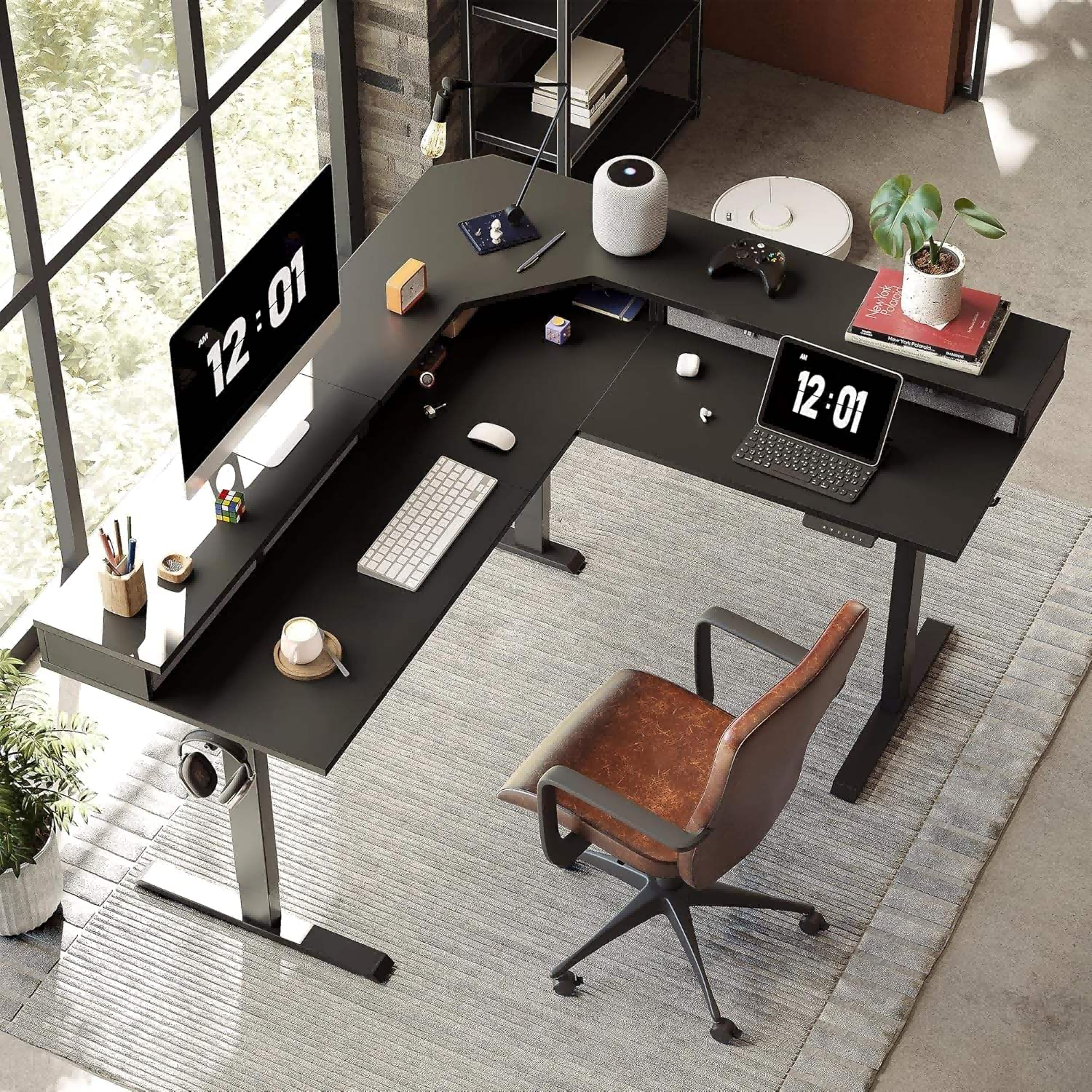 ET1-LST Electric Tri Motor 3 Legs L-shaped Desk Height Adjustable PC Computer Laptop Corner Table Office Desk with Four Drawers