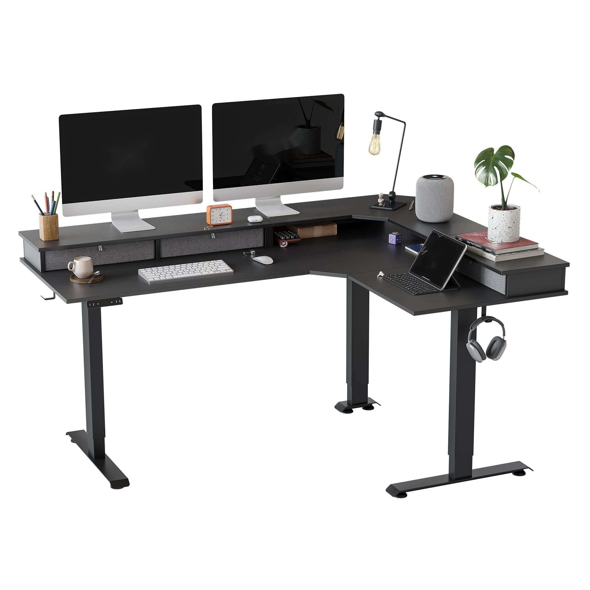 ET1-LST L-shaped Electric Height Adjustable Standing Table Desk with 4 Desktop Drawers