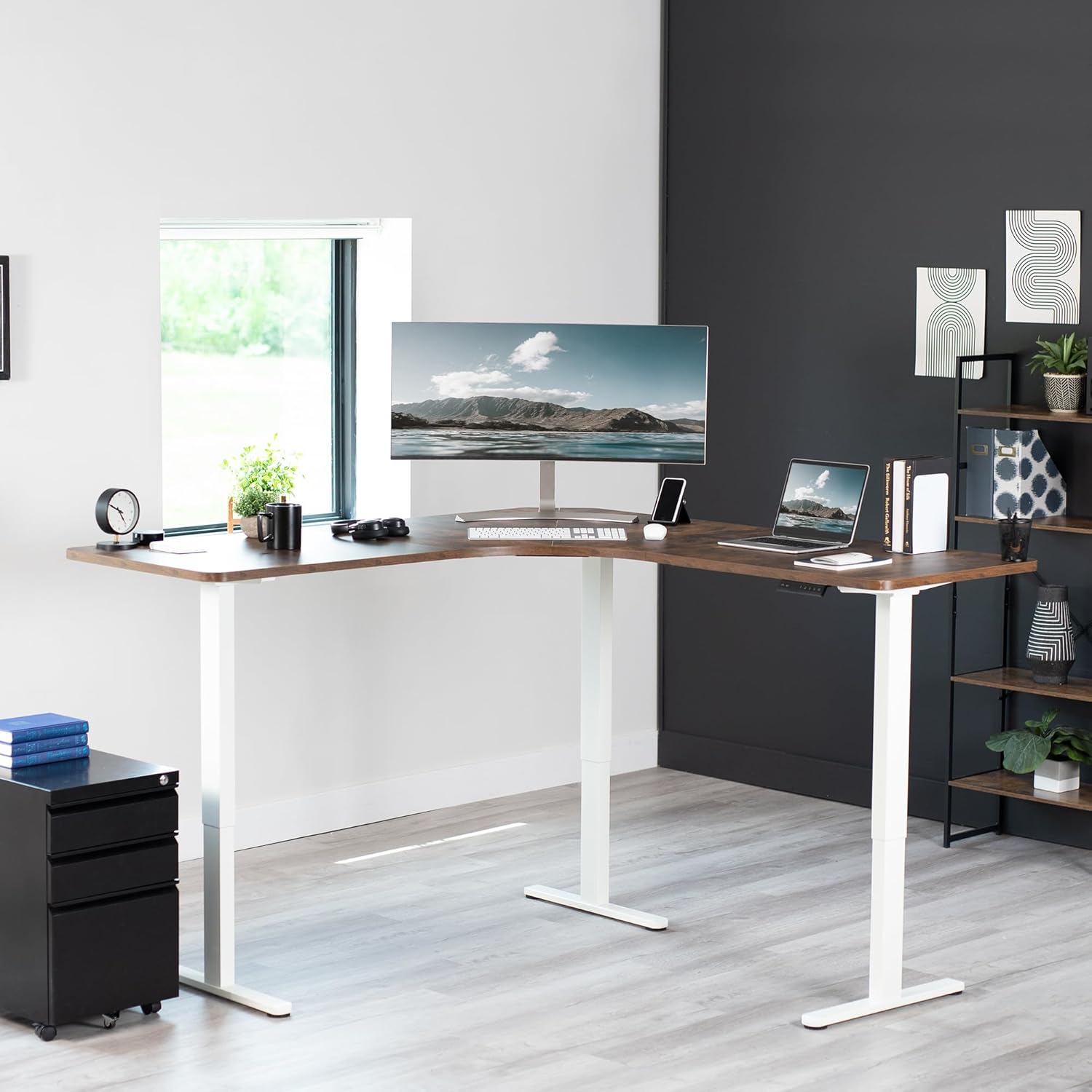 ET1-FL Tri Motor L-shaped White Standing Desk Frame 2 Stages Electric Height Adjustable Corner Table Legs