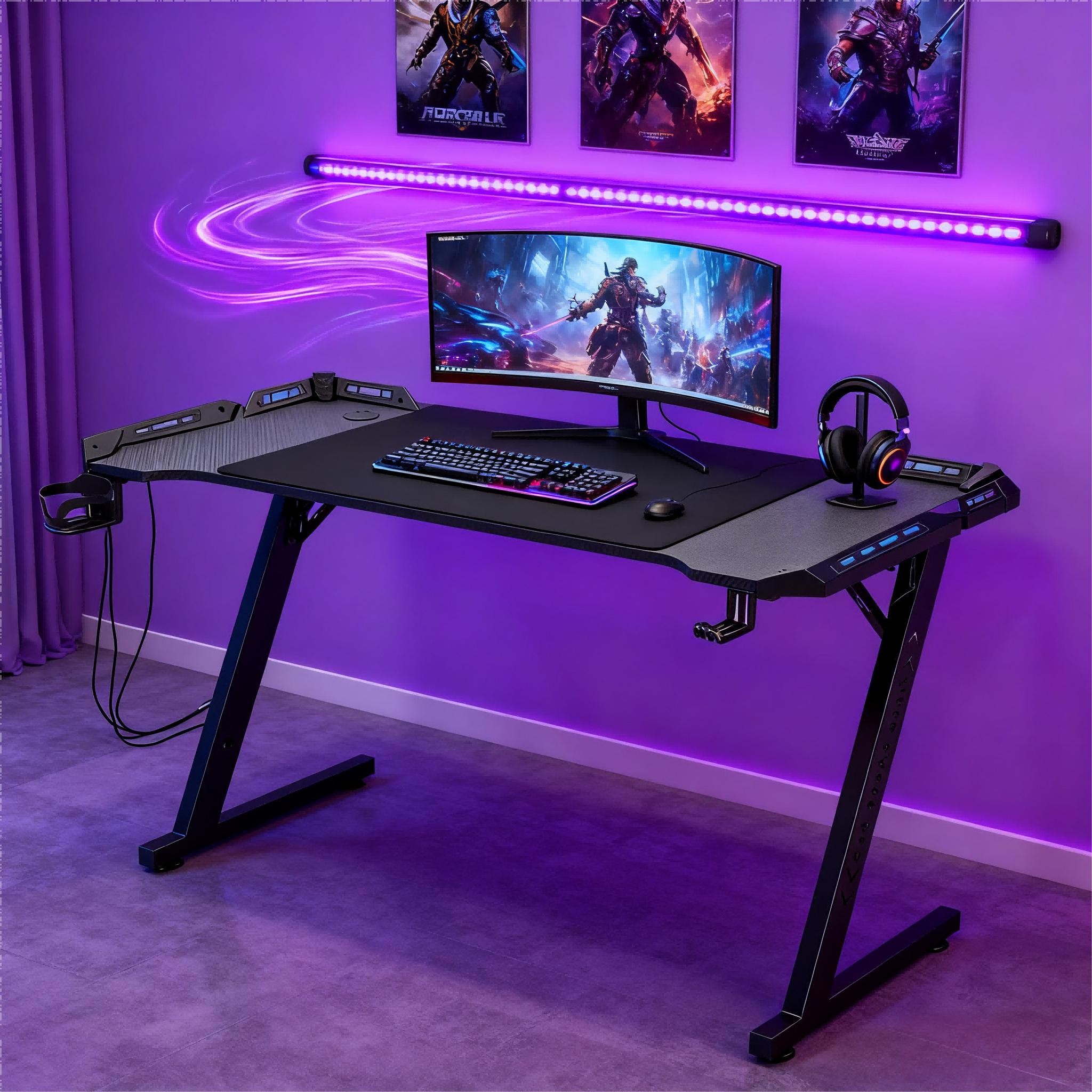 GD2 Z-shaped LED Hollow Legs Gaming Desk Armored RGB Computer PC Laptop Desk Gaming Table Custom 
