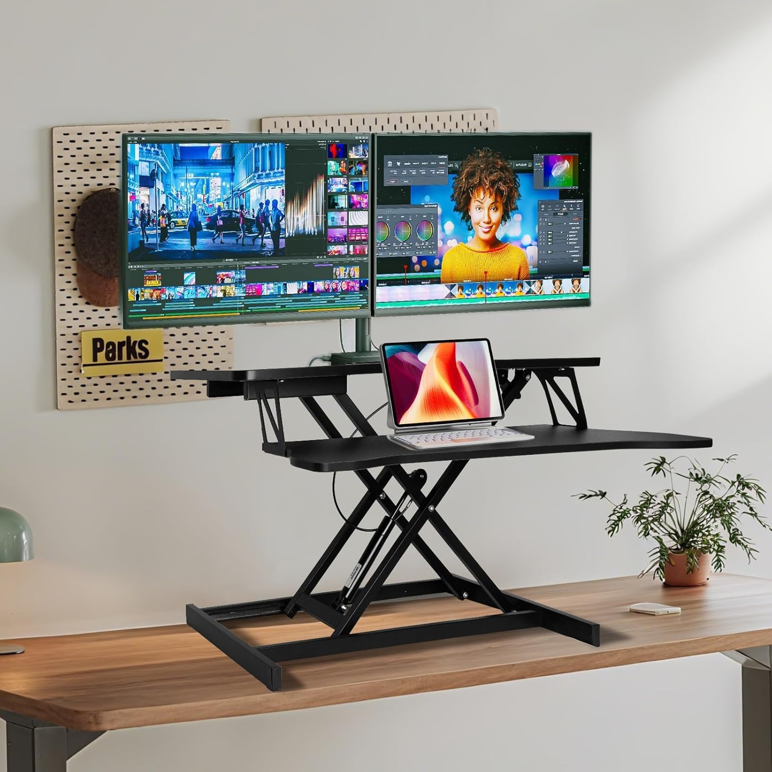 Q6 Dual Layer Gas Spring Foldable Table Pneumatic Height Adjustable Standing Desk Converter with Keyboard Tray