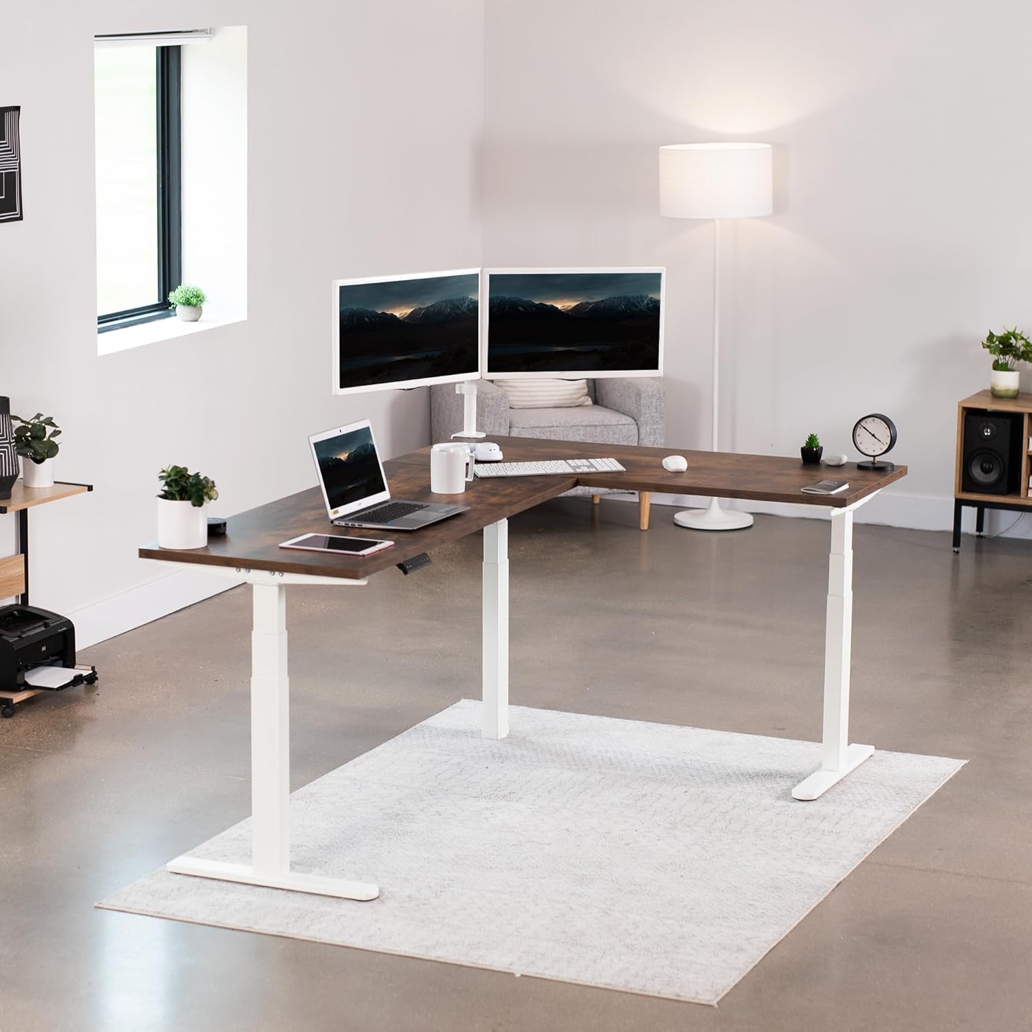 ET2-FL Electric Three Motor White L Shape Corner Standing Desk Extendable Frame 3 Legs 3 Stages Height Adjustable Office Table Frame