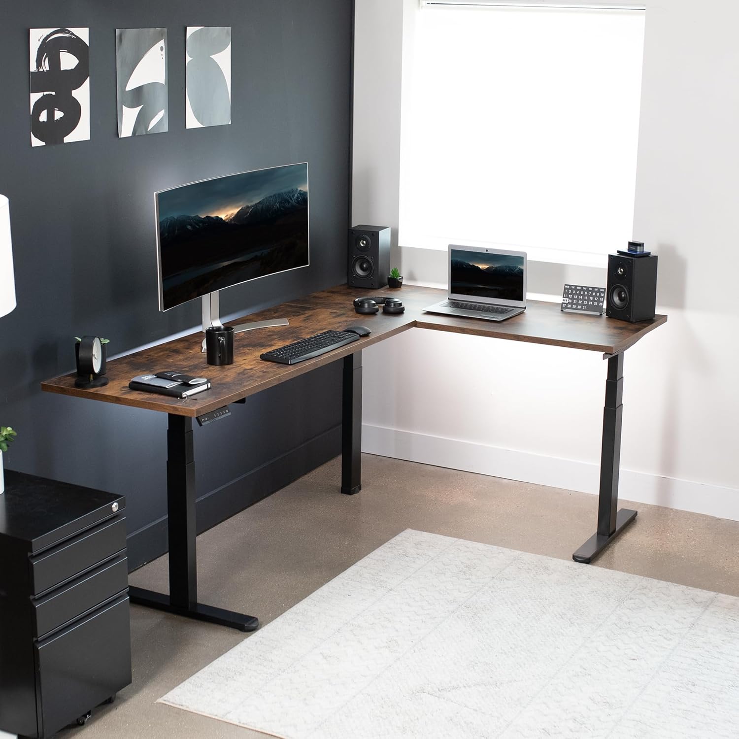 ET2-FL Electric Tri Motor Black L-shaped Corner Table Extendable Frame 3 Legs 3 Stages Height Adjustable Standing Desk Frame