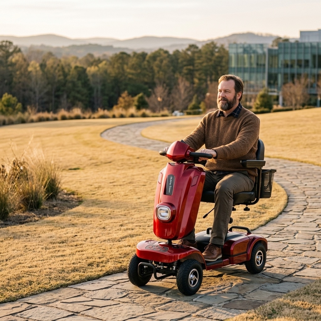 red-four-wheel-mobility-scooter-rider-flagstone-path-golden-hour.jpg
