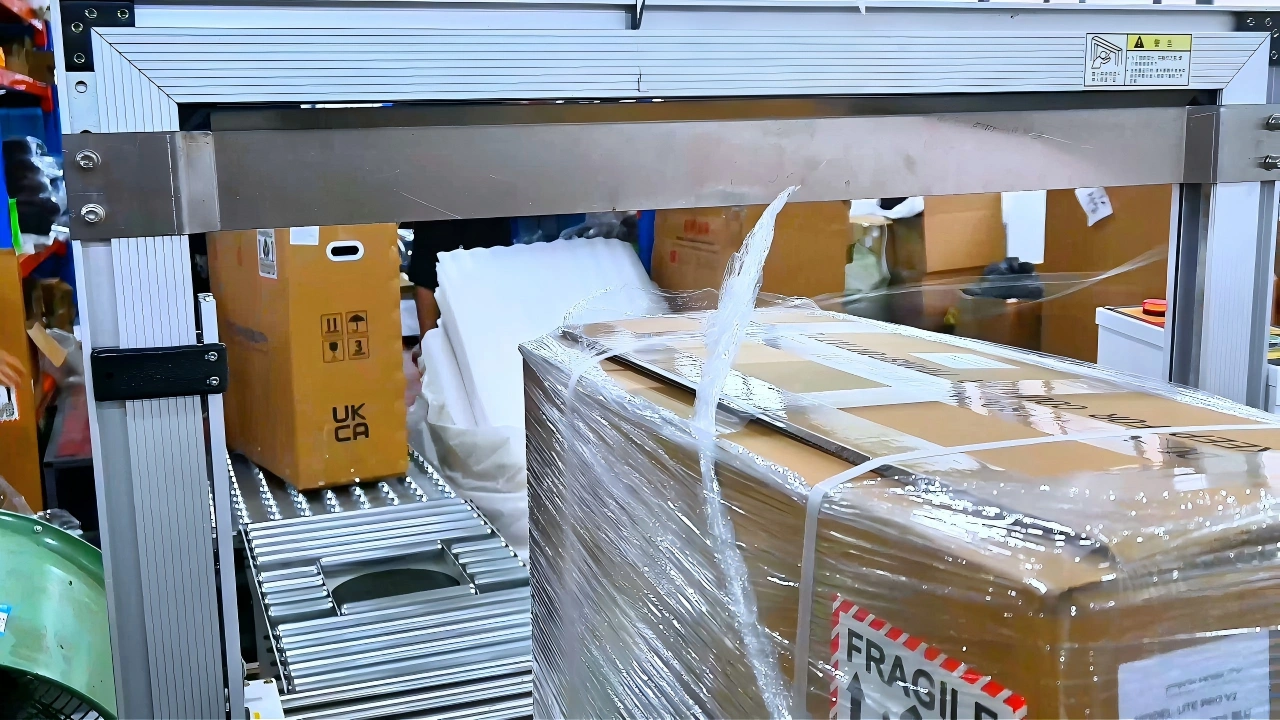 Packed electric wheelchair inspected for transport protection