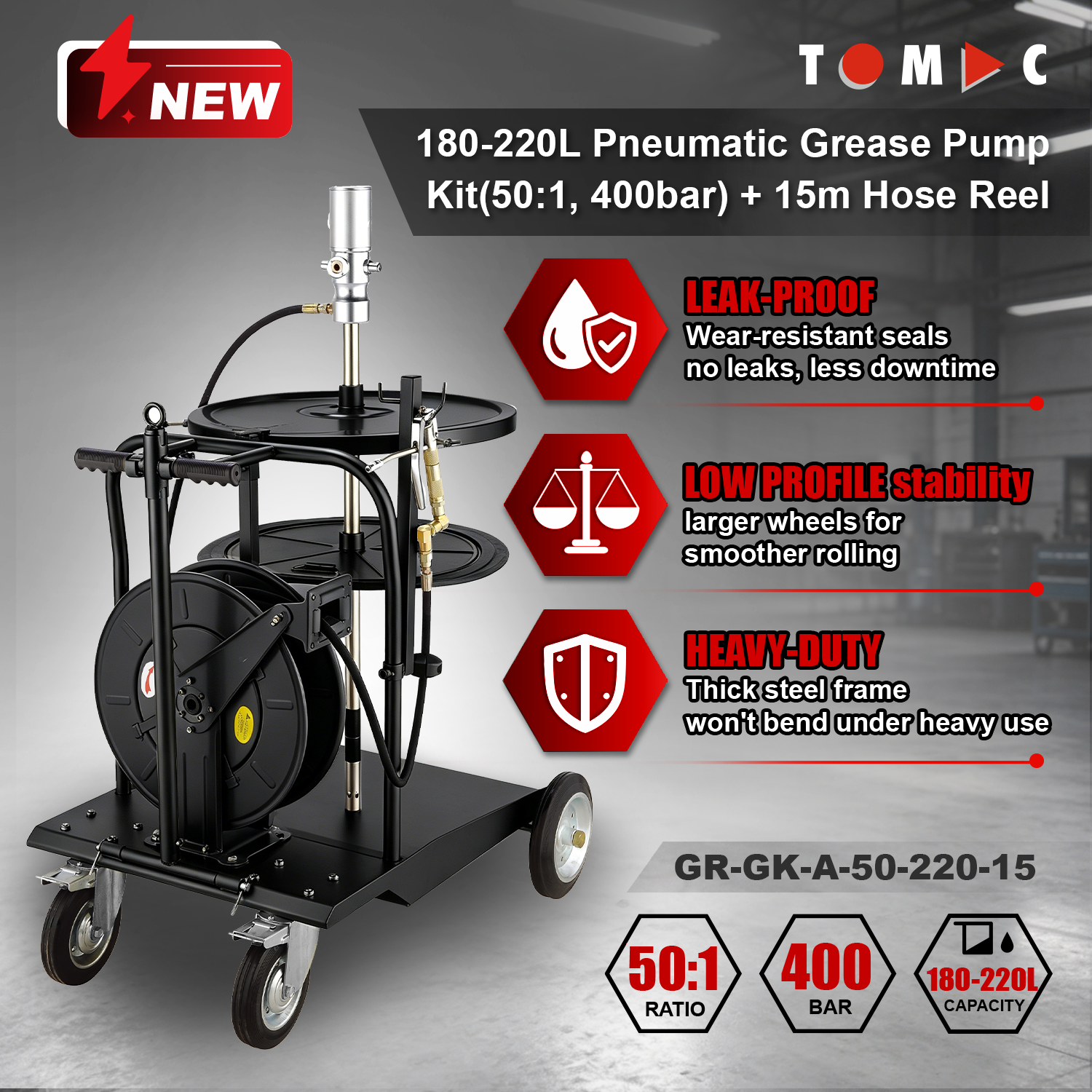 GR-GK-A-50-220-15 TOMAC 180-220L Pneumatic Grease Pump Kit w/ Trolley & 15m Hose Reel, 50:1, 1/4