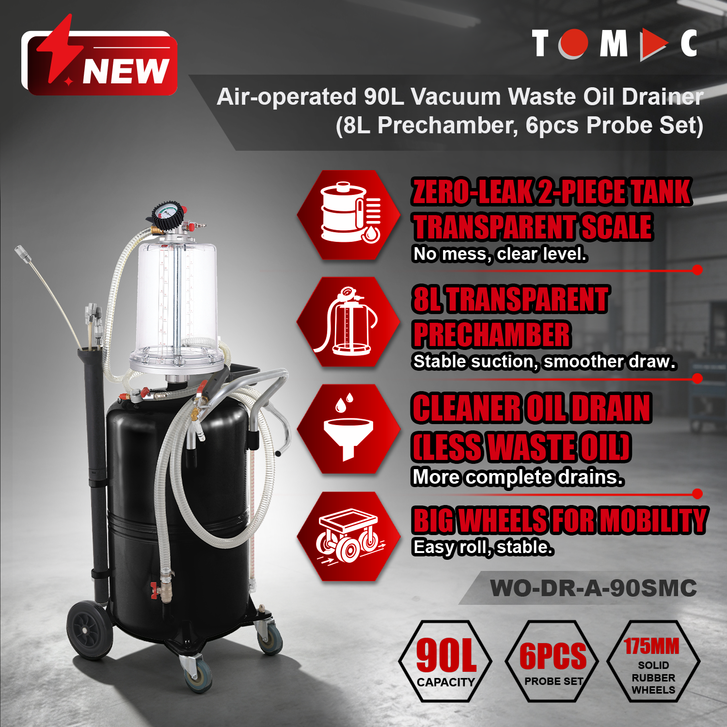 WO-DR-A-90SMC TOMAC Air-operated 90L Vacuum Waste Oil Drainer with Vacuum Gauge, 8L Prechamber, Transparent Scale Tube & 6pcs Probe Set