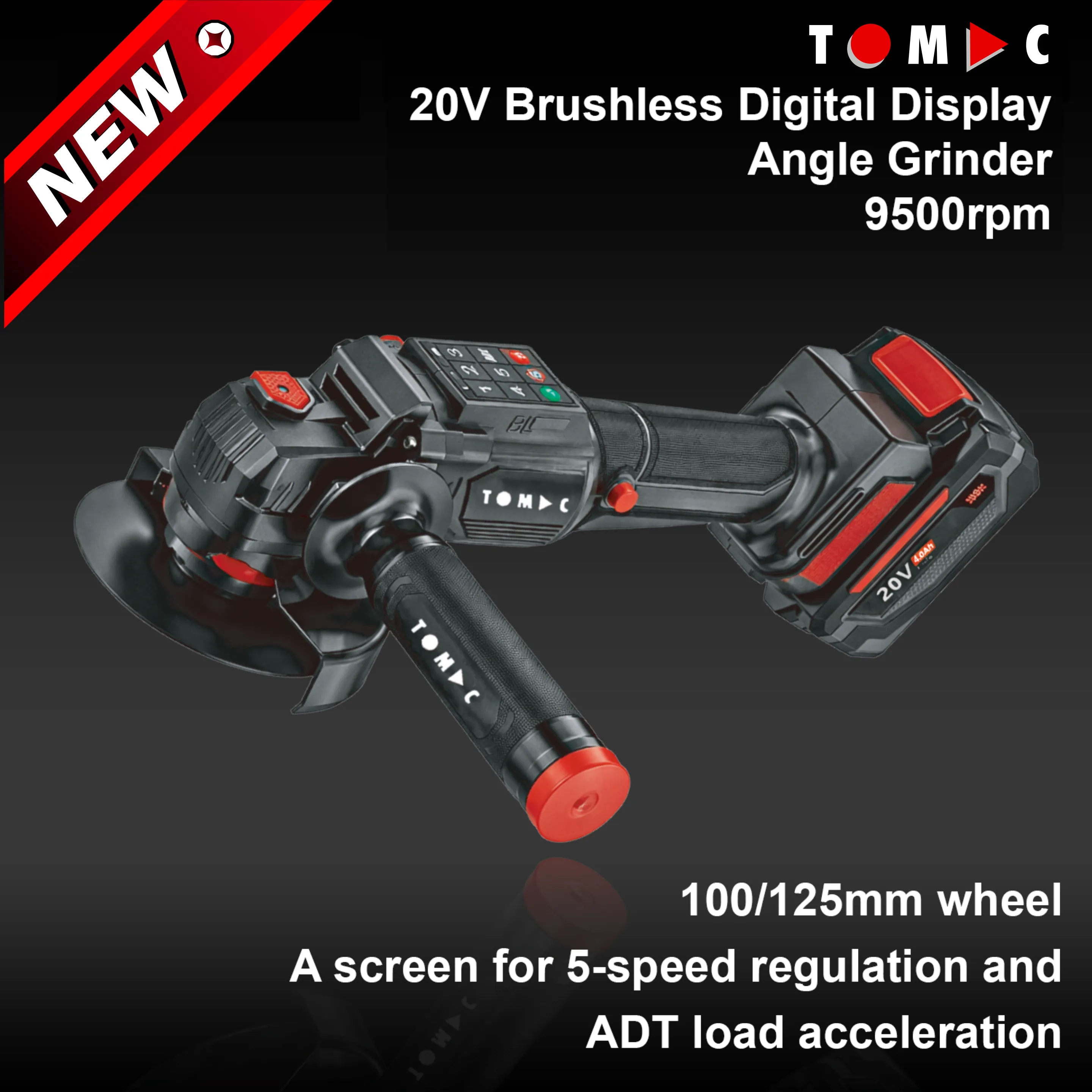 TC113225-1 TOMAC 20V Brushless Cordless Angle Grinder – Digital Display, 5-Speed Control, ADT Smart Load Acceleration, 100mm/125mm Disc, 9500rpm, 4.0Ah/6.0Ah Battery, Professional Variable Speed Kit,CE Certified