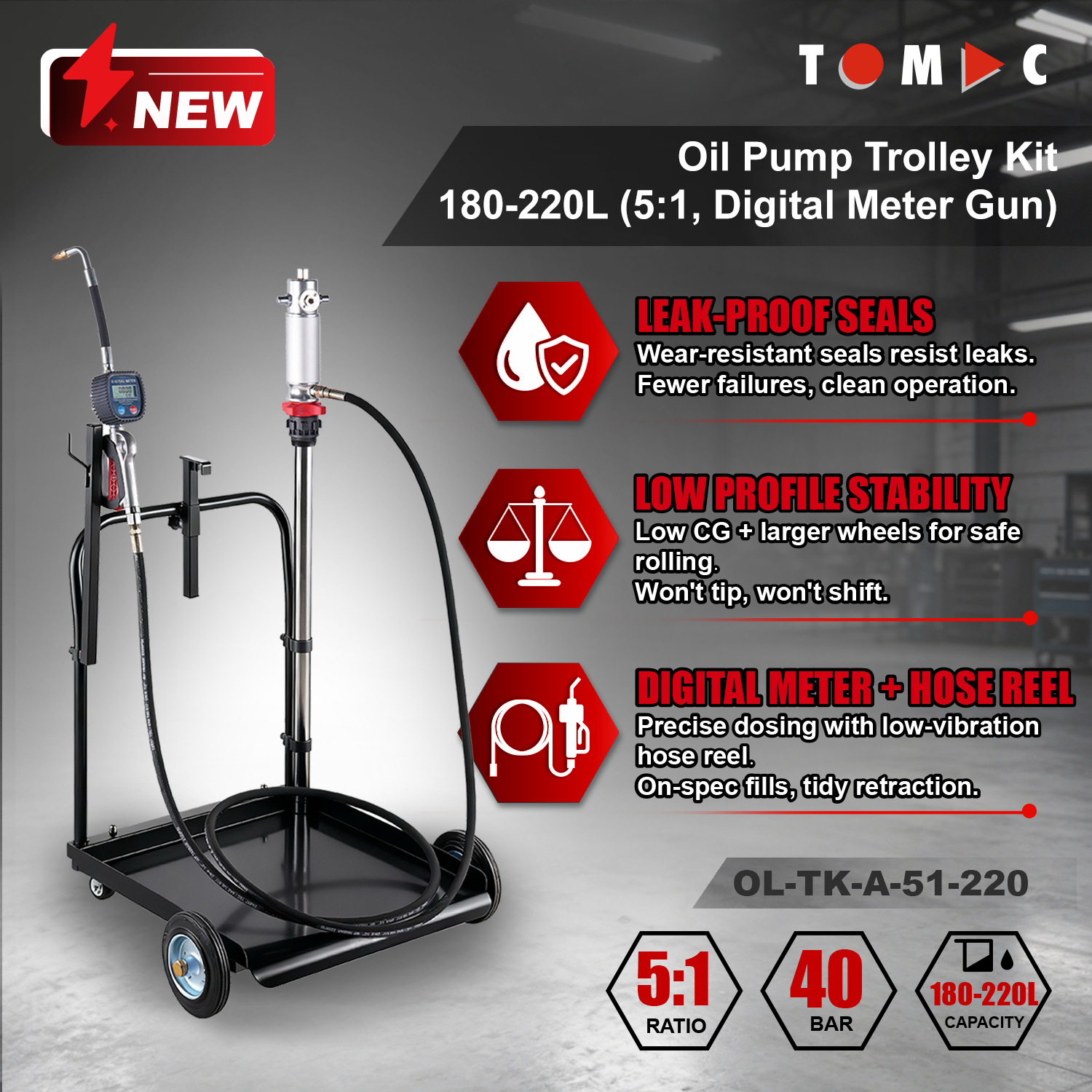 OL-TK-A-51-220 TOMAC 5:1 Pneumatic Oil Pump Trolley Kit for 180-220L Drums with 4M Hose and Digital Meter Gun
