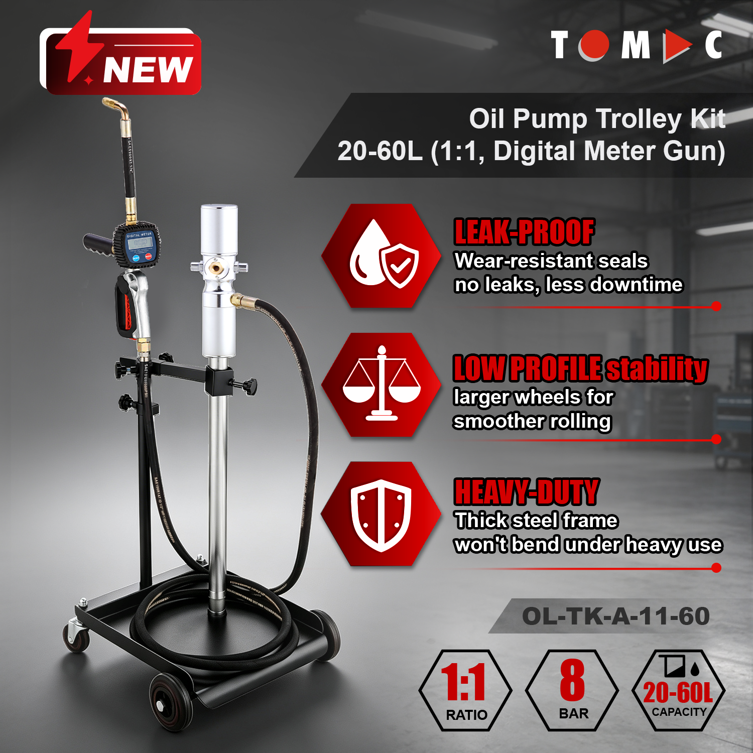 OL-TK-A-11-60 TOMAC 1:1 Pneumatic Oil Pump Trolley Kit for 20-60L Drums with 4M Hose and Digital Meter Gun