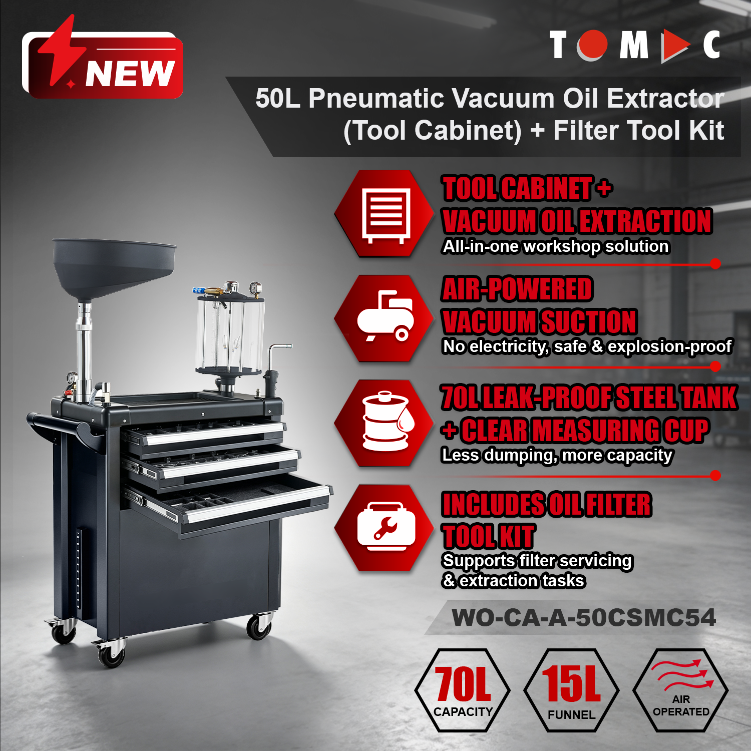 WO-CA-A-50CSMC54 TOMAC 50L Pneumatic Vacuum Oil Extractor with Tool Cabinet & Oil Filter Tool Kit
