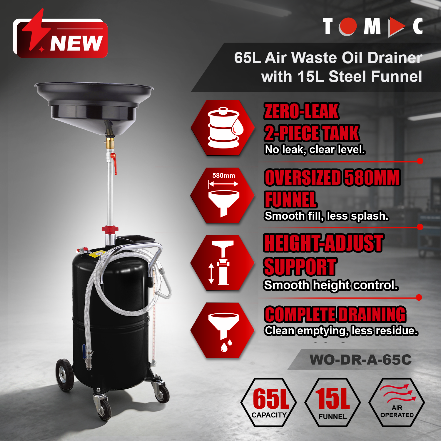 WO-DR-A-65C TOMAC Air-Operated 65L Oil Drainer for Drums, and 15L Steel Funnel