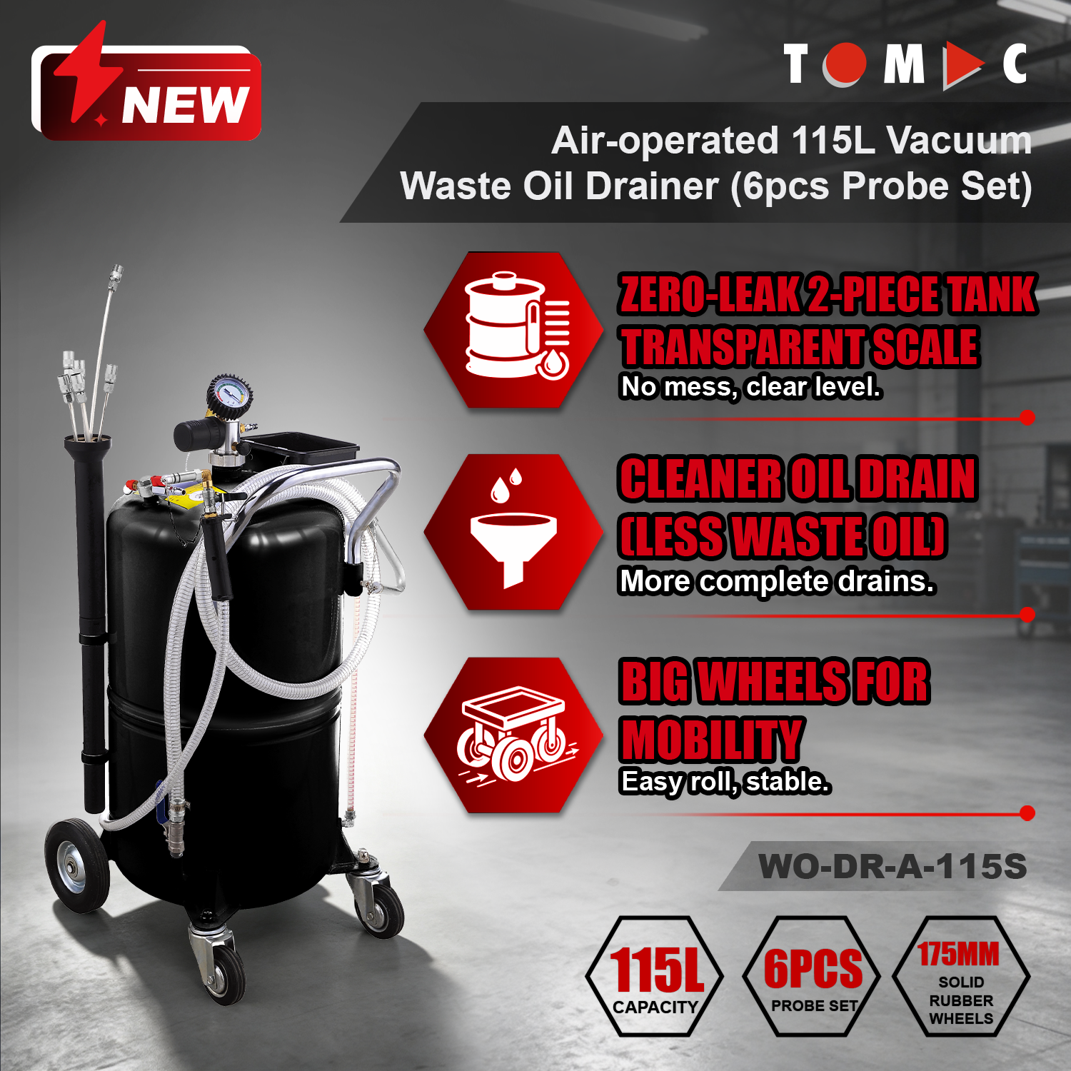 WO-DR-A-115S TOMAC Air-operated 115L Vacuum Waste Oil Drainer with Vacuum Gauge, Transparent Scale Tube & 6pcs Probe Set