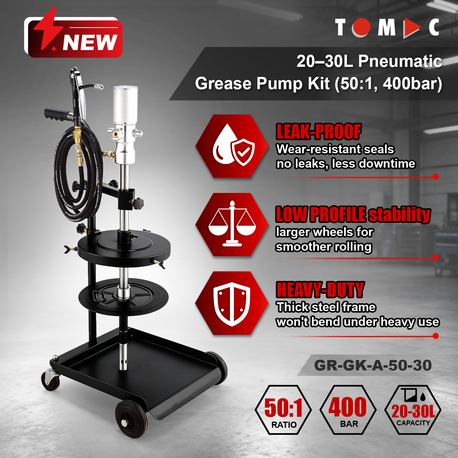 GR-GK-A-50-30 TOMAC 20-30L Pneumatic Grease Pump Kit 50:1 400bar 1/4