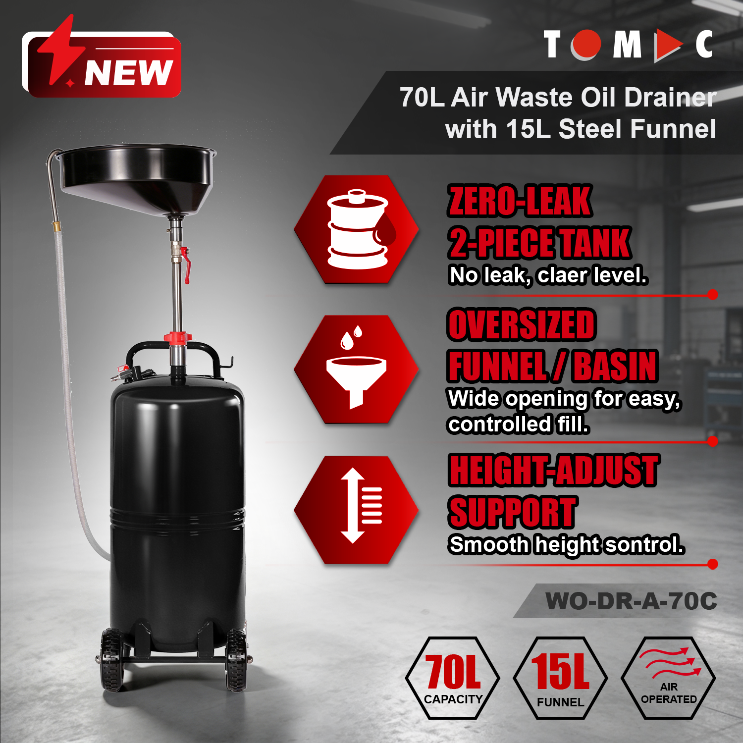 WO-DR-A-70C TOMAC Air-Operated 70L Waste Oil Drainer with 15L Steel Funnel