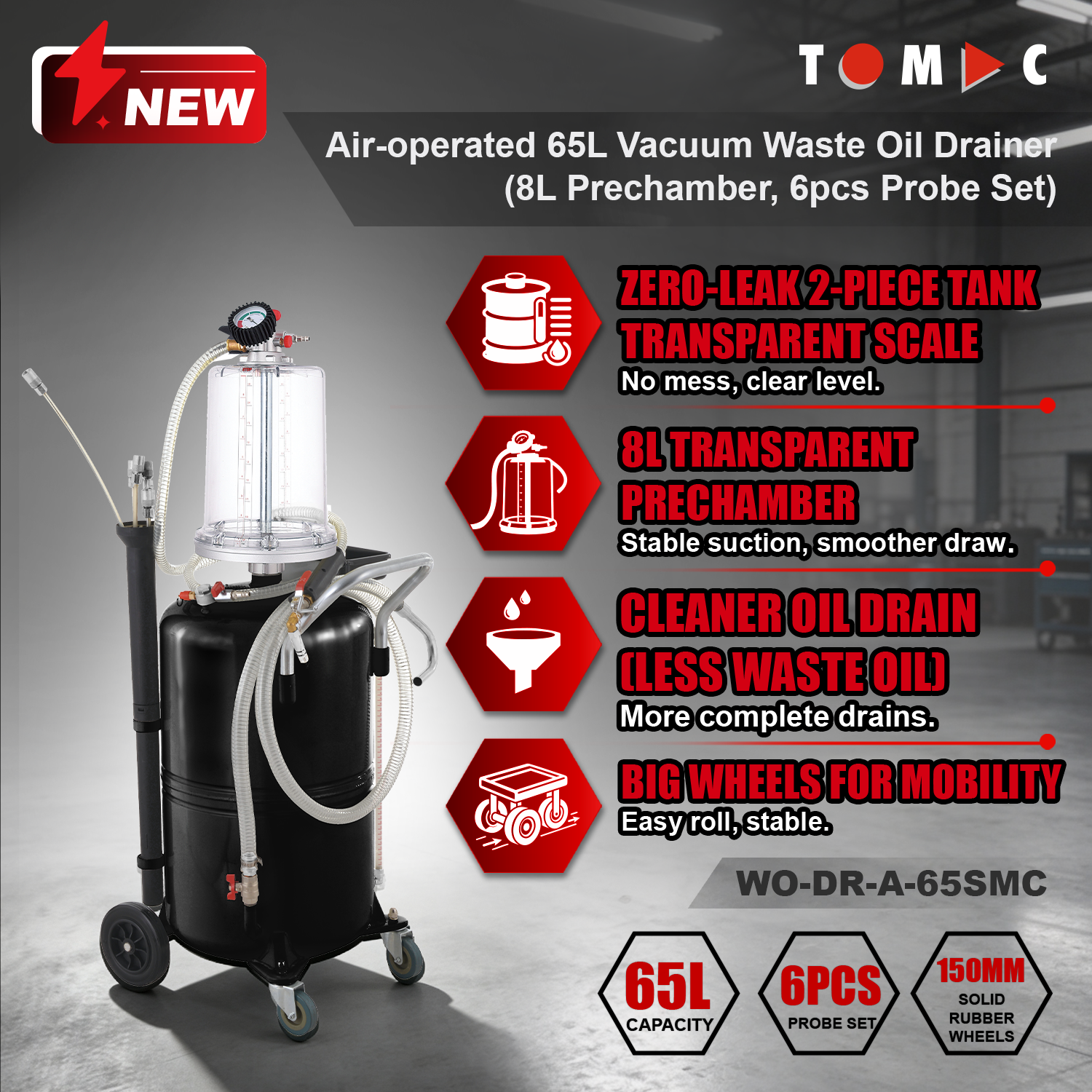 WO-DR-A-65SMC TOMAC Air-Operated 65L Oil Drainer with Extractor and Control Tank, 8L prechamber, Vacuum Meter, and 15L Steel Funnel