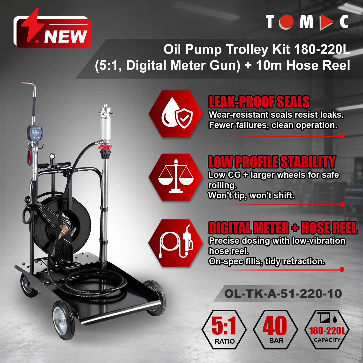 OL-TK-A-51-220-10 TOMAC 5:1 Pneumatic Oil Pump Kit with Trolley and Hose Reel for 180-220L Drum