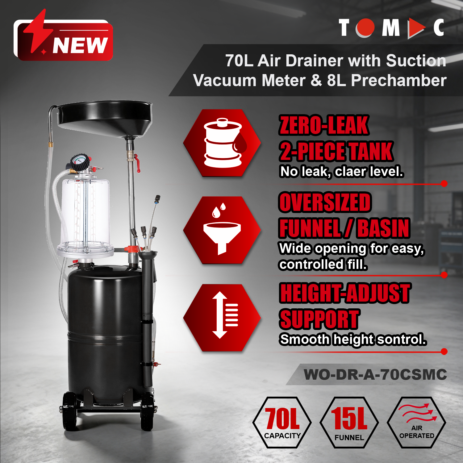 WO-DR-A-70CSMC TOMAC Air-Operated 70L Waste Oil Drainer With Suction Extraction Vacuum Meter Controllable 8L Prechamber 15L Funnel 