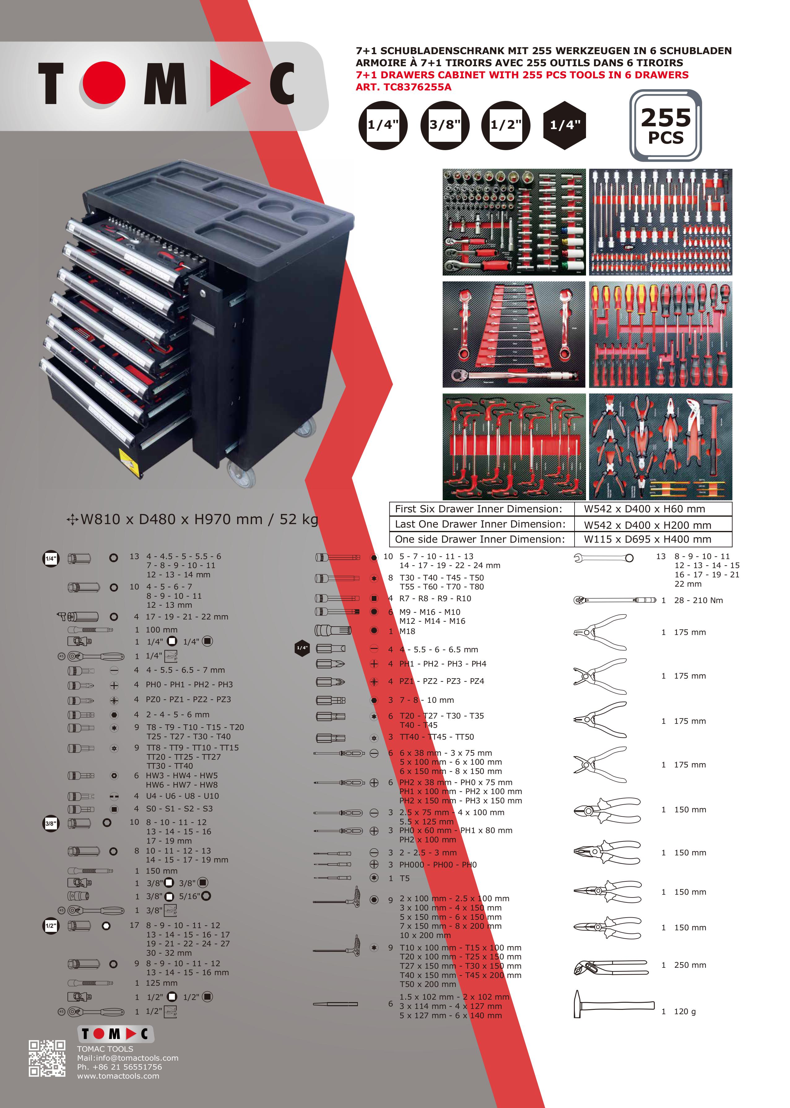 TC8376255A 7+1 Drawers Cabinet with 255pcs tools in 6 drawers factory