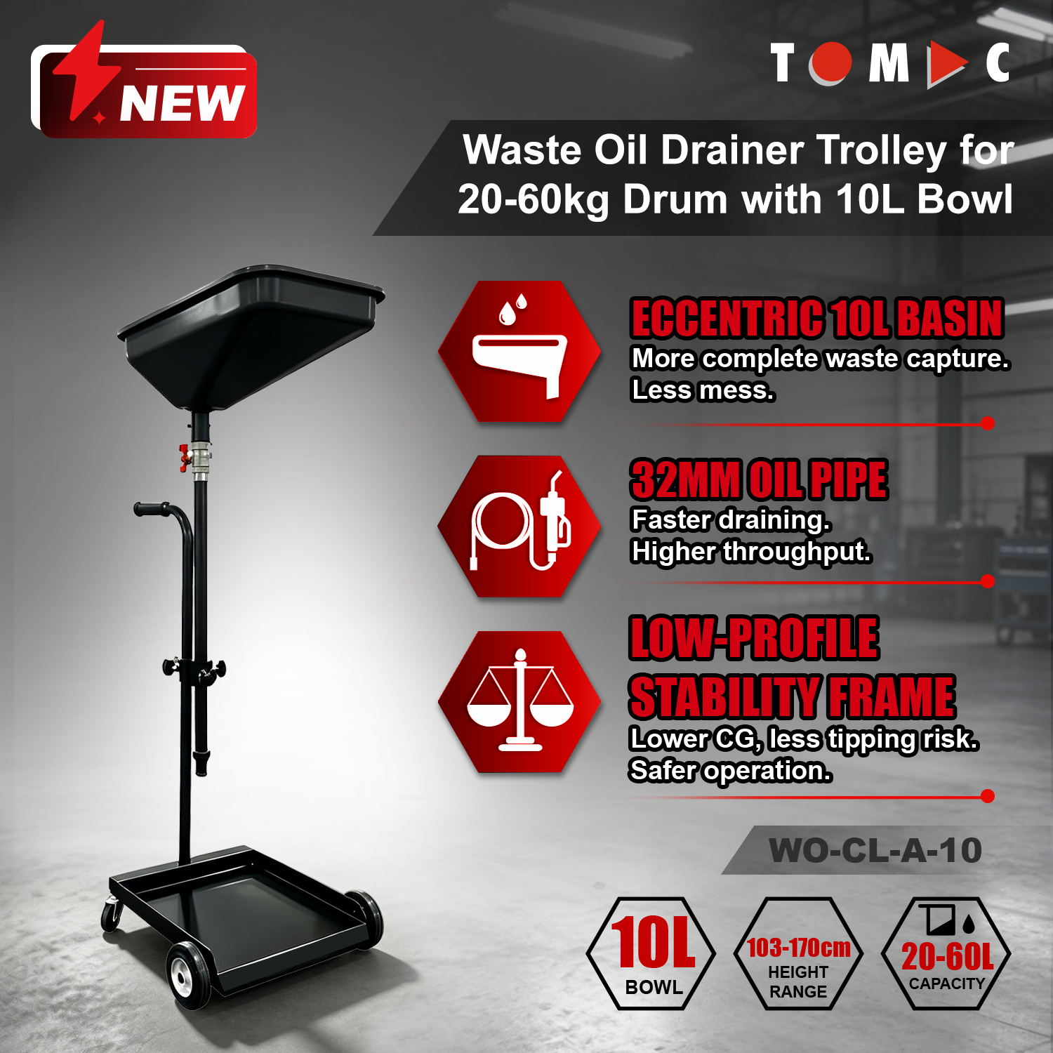WO-CL-A-10  TOMAC Waste Oil Drainer Trolley for 20-60kg Drum with 10L Bowl