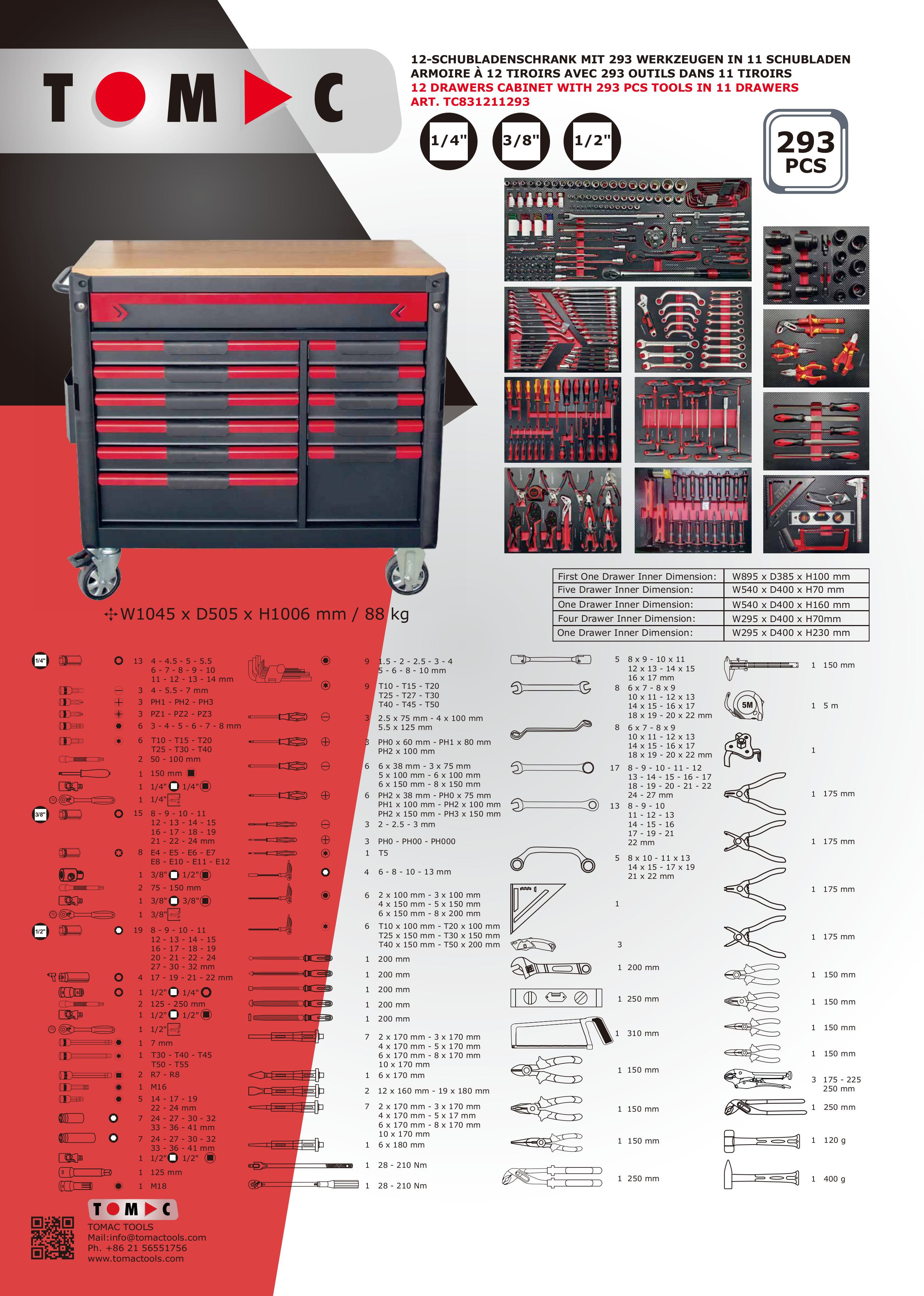 TC831211293 12 drawers cabinet with 293pcs tools in 11 drawers (Wodden top) factory