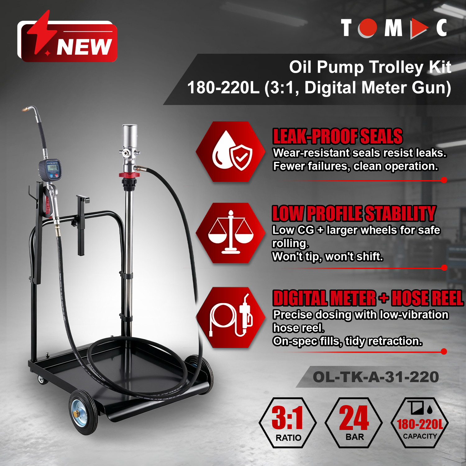 OL-TK-A-31-220 TOMAC 3:1 Pneumatic Oil Pump Trolley Kit for 180-220L Drums with 4M Hose and Digital Meter Gun
