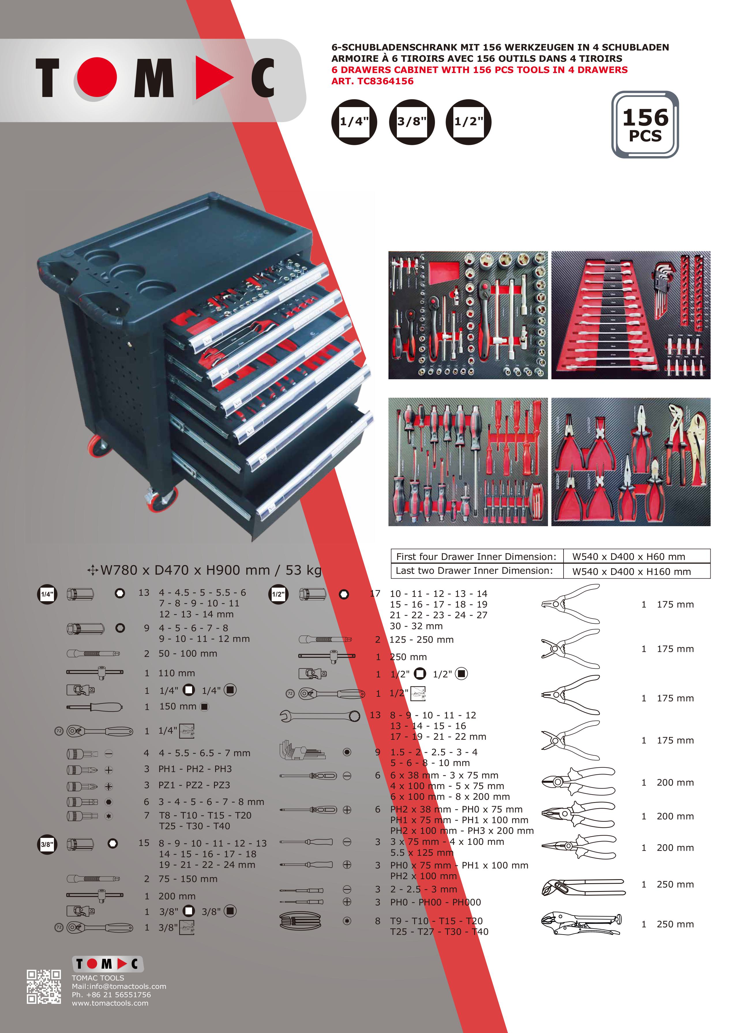 TC8364156 Drawers Cabinet with 156pcs tools in 4 drawers supplier
