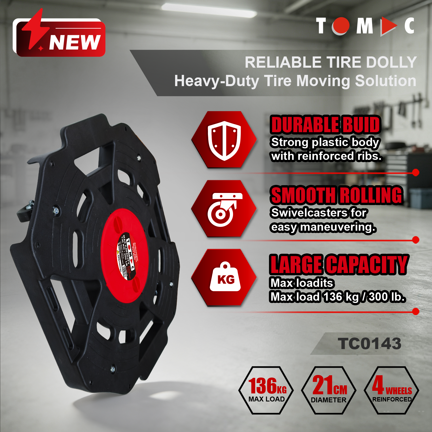 TC0143 TOMAC 300LB Tire Dolly 25'' 360° Swivel Casters w/ Brake, PP Lid, PP Wheels
