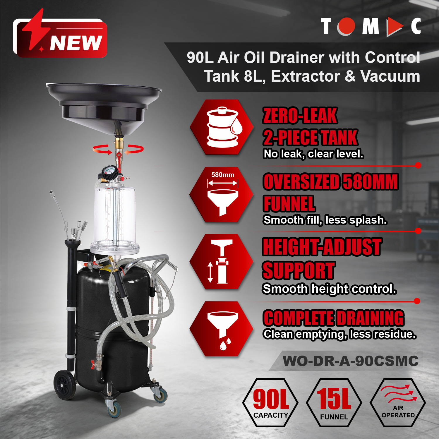 WO-DR-A-90CSMC TOMAC Air-Operated 90L Oil Drainer with Extractor and Control Tank, 8L prechamber, Vacuum Meter, and 15L Steel Funnel