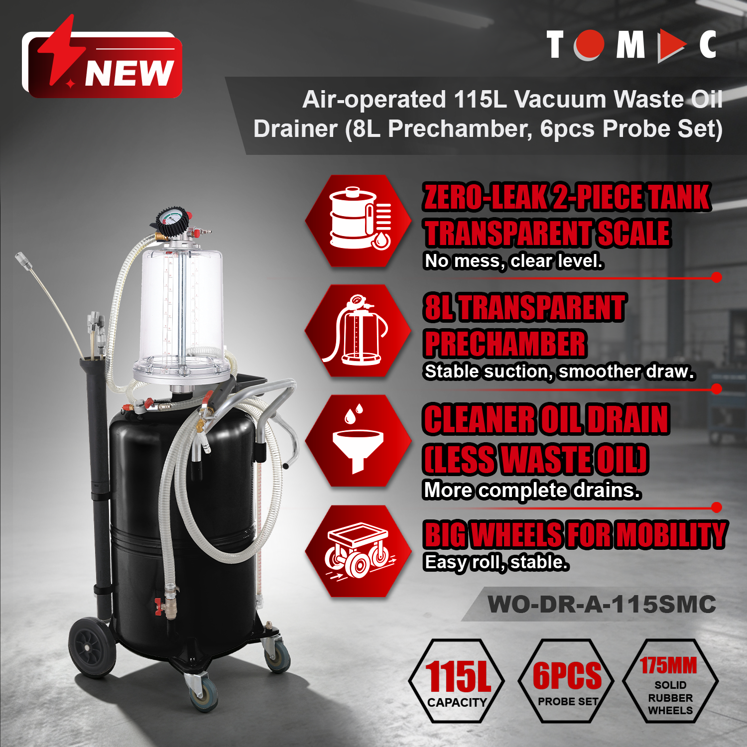 WO-DR-A-115SMC TOMAC Air-operated 115L Vacuum Waste Oil Drainer with Vacuum Gauge, 8L Prechamber, Transparent Scale Tube & 6pcs Probe Set