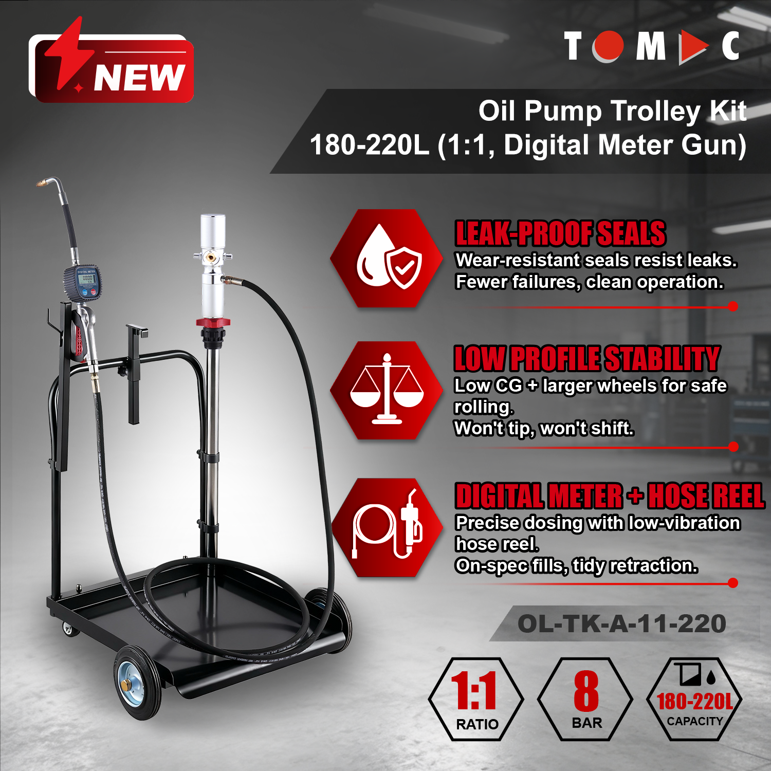 OL-TK-A-11-220 TOMAC 1:1 Pneumatic Oil Pump Trolley Kit for 180-220L Drums with 4M Hose and Digital Meter Gun