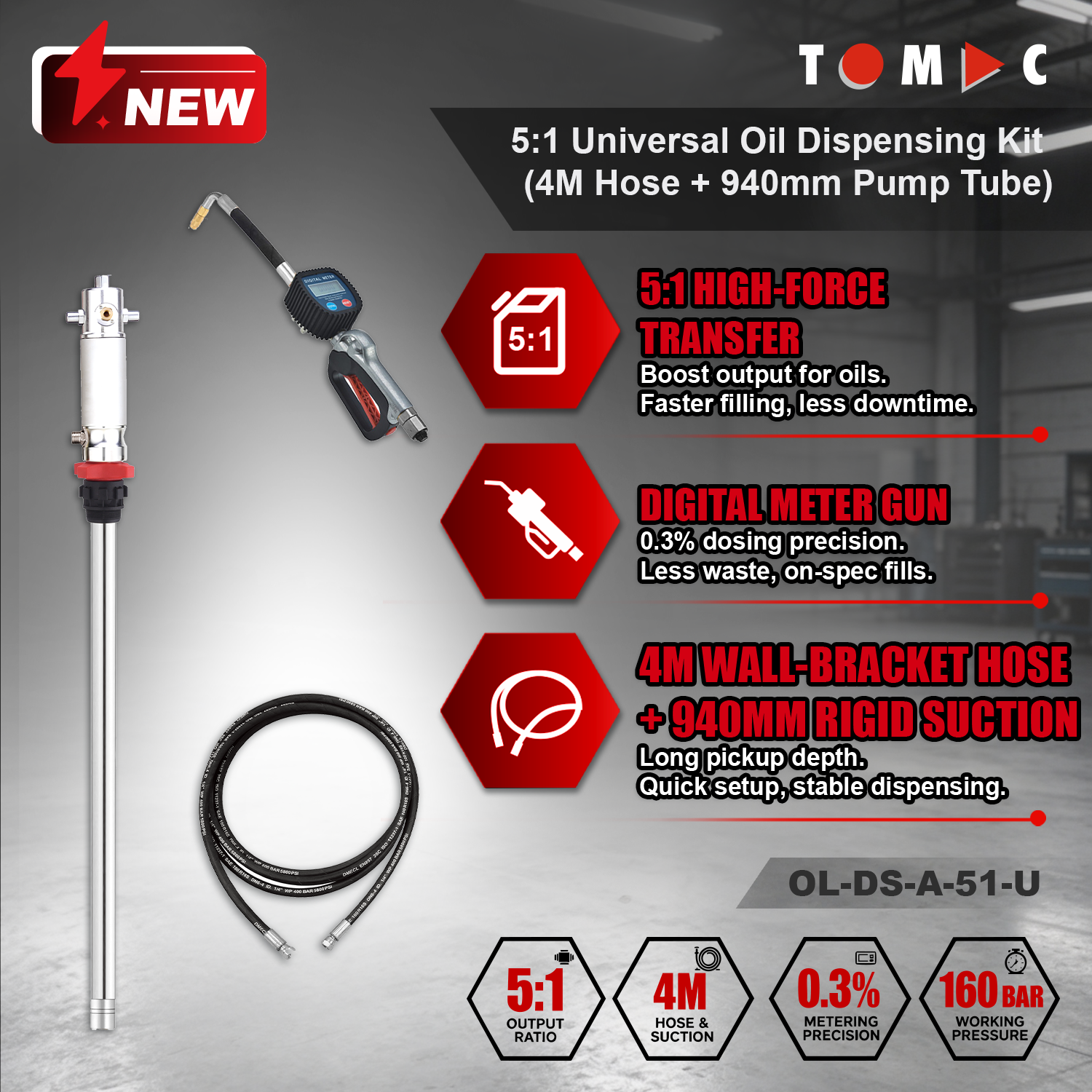 OL-DS-A-51-U TOMAC 5:1 Pneumatic Universal Oil Dispensing Kit with 4M Hose and Digital Meter Gun