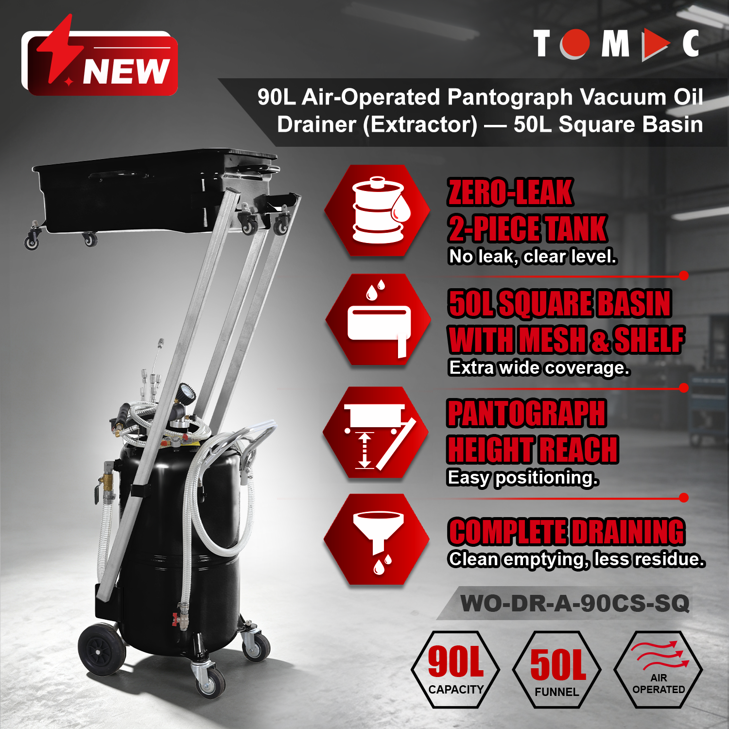 WO-DR-A-90CS-SQ TOMAC 90L Air-Operated Pantograph Vacuum Oil Drainer with Extractor, 50L Square Basin, 2m Steel-Wire Hose, 6pcs Probe Set