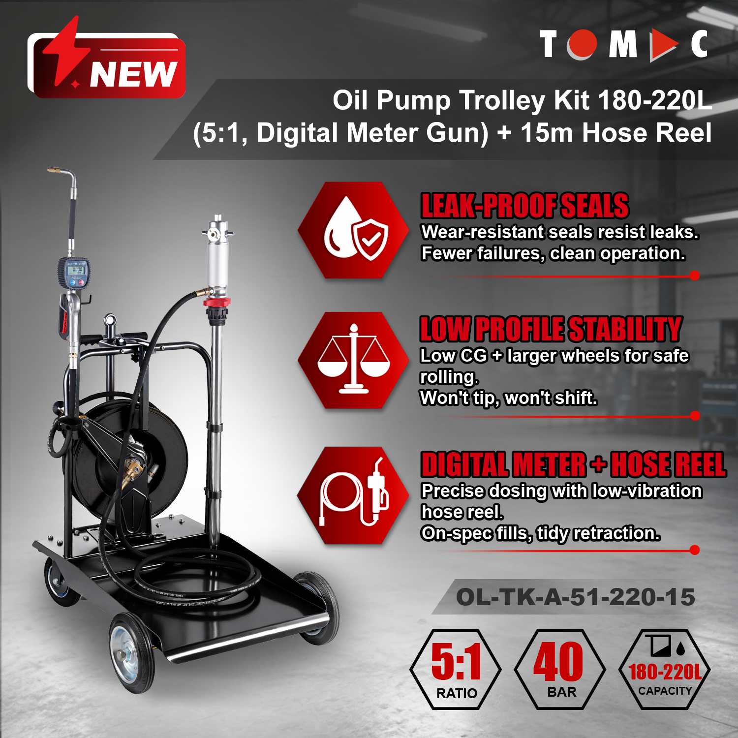 OL-TK-A-51-220-15 TOMAC 5:1 Pneumatic Oil Pump Trolley Kit for 180-220L Drums with 15M Hose Reel and Digital Meter Gun