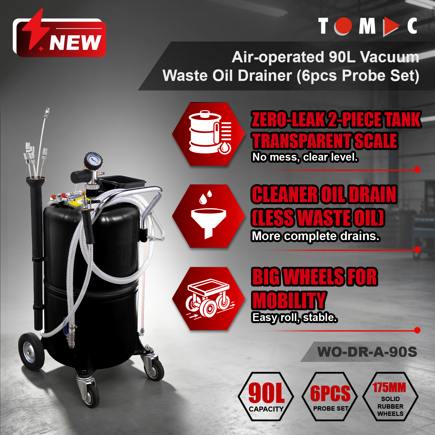 WO-DR-A-90S TOMAC Air-operated 90L Vacuum Waste Oil Drainer with Vacuum Gauge, Transparent Scale Tube & 6pcs Probe Set