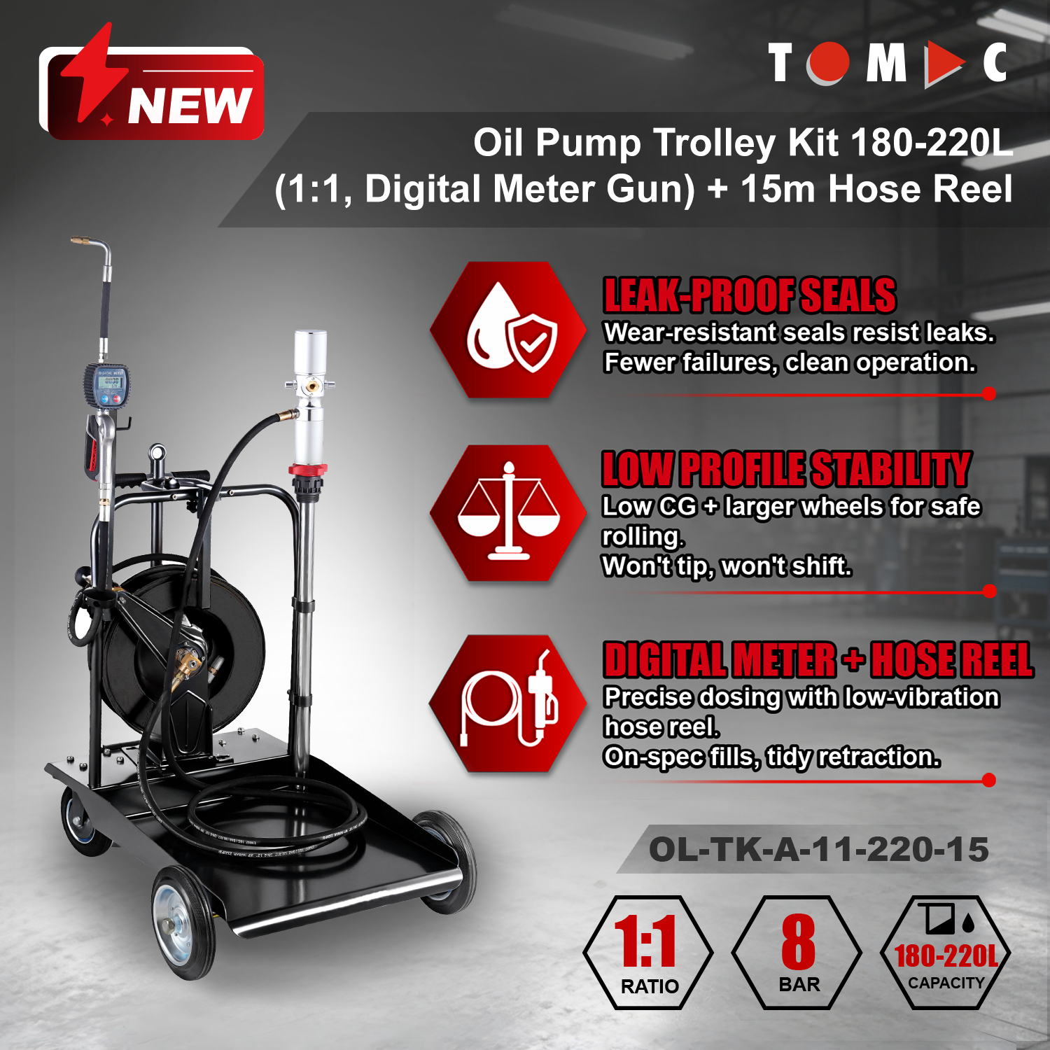 OL-TK-A-11-220-15 TOMAC 1:1 Pneumatic Oil Pump Trolley Kit for 180-220L Drums with 15M Hose Reel and Digital Meter Gun