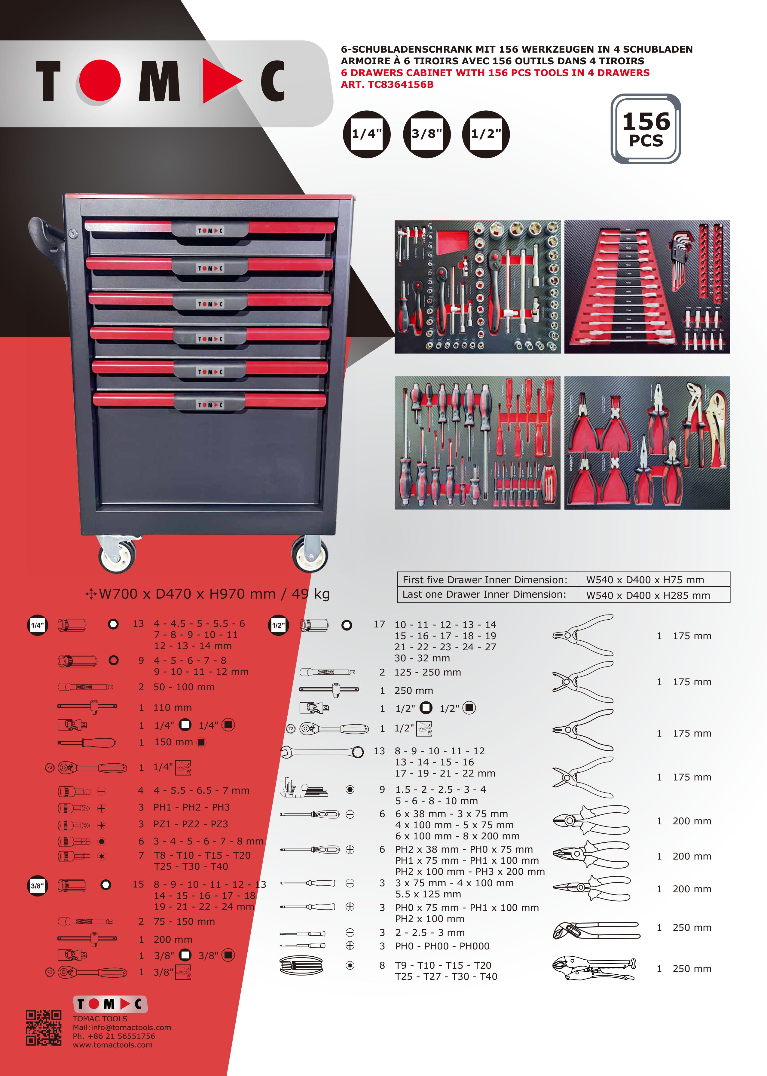 TC8364156B 6 Drawers Cabinet with 156pcs tools in 4 drawers details